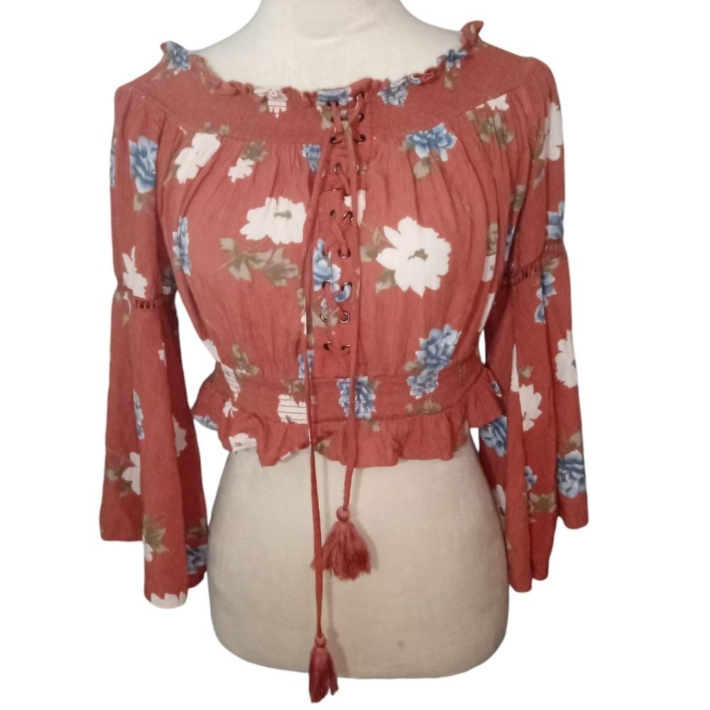 American Eagle Brown Floral Cropped Boho Peasant Blouse Size S